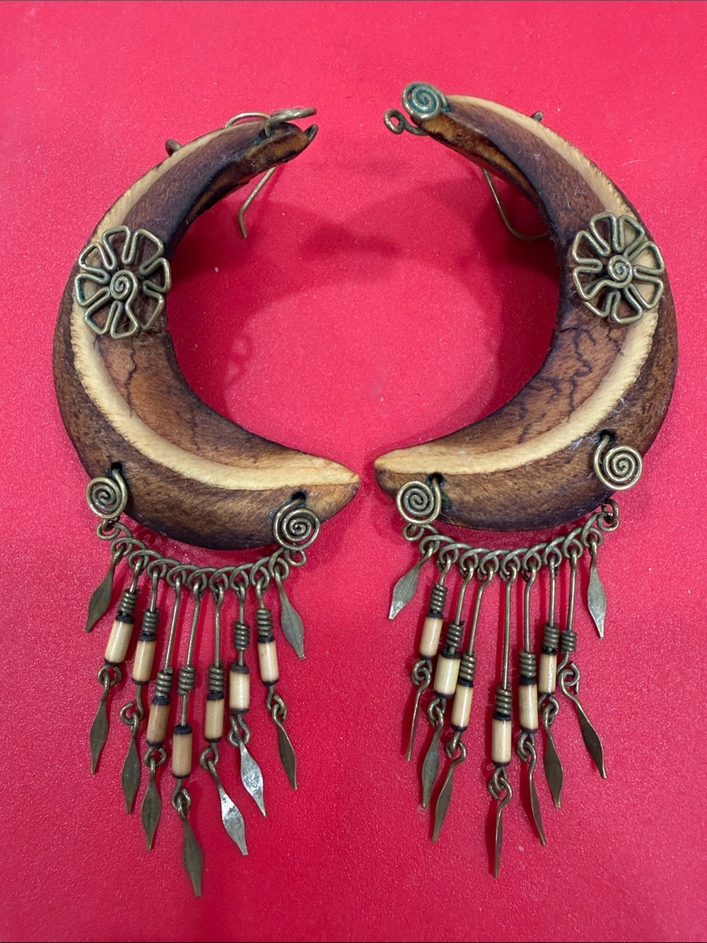 Vintage Bohemian Wooden Crescent Moon Earrings with Bronze Wire Flowers & Tassel